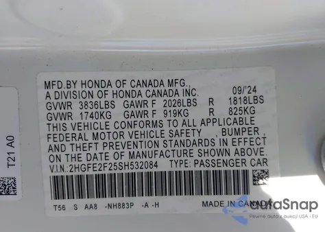 2025 Honda Civic Lx из США, поврежденный, VIN 2HGFE2F25SH532084